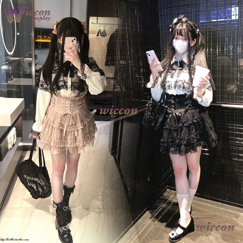 

Youk японская оригинальная мини-юбка в стиле Лолиты с кружевом и рюшами по краям, завязанным бантом и высокой талией, весна-лето, новая тонкая талия, милая юбка Y2k для девочек