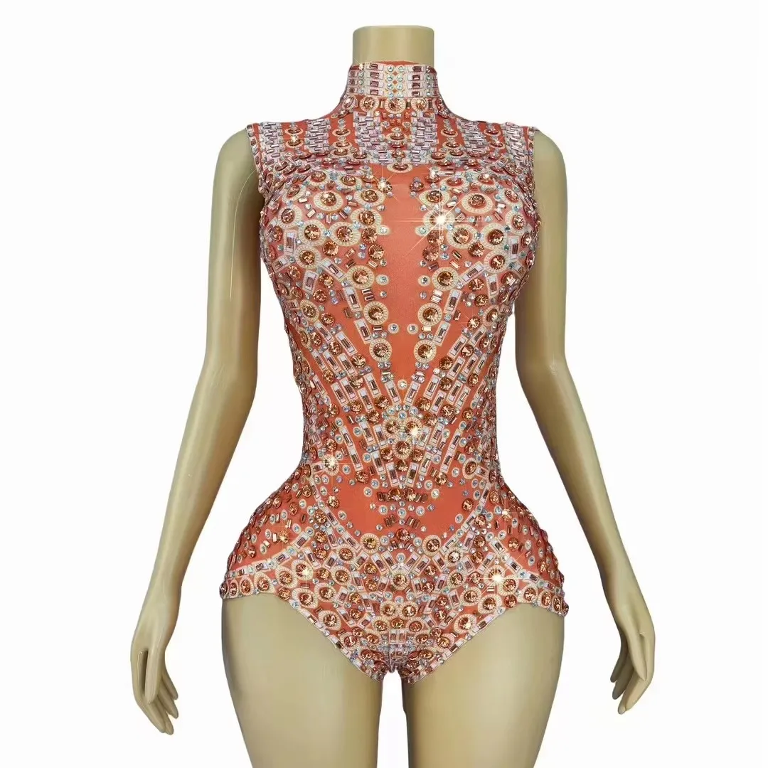 

Bar Nightclub Performance Dance Sexy Rhinestones Print Bodysuit Women Singer Dancer Costume Crystal Leotard Club Show Stage Wear