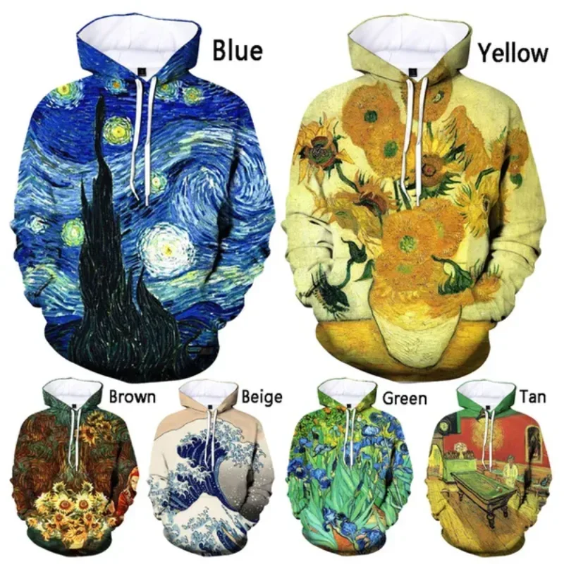 Fashion Men Clothing New Vincent Van Gogh 3D Print Hoodies Personalized Art Harajuku Street Unisex Oversized Hooded Sweatshirts