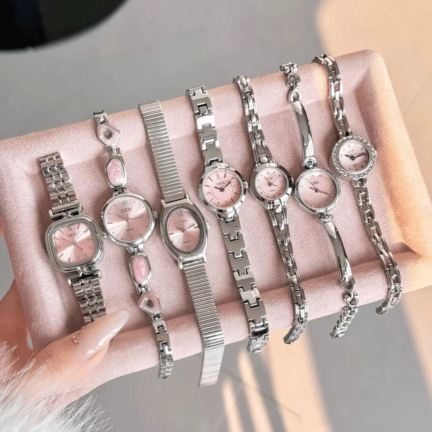 Luxury Elegant Quartz Women Watch Pink Dial Series Stainless Steel Wristwatch Fashion Ladies Wrist Watch Female Clock Gifts