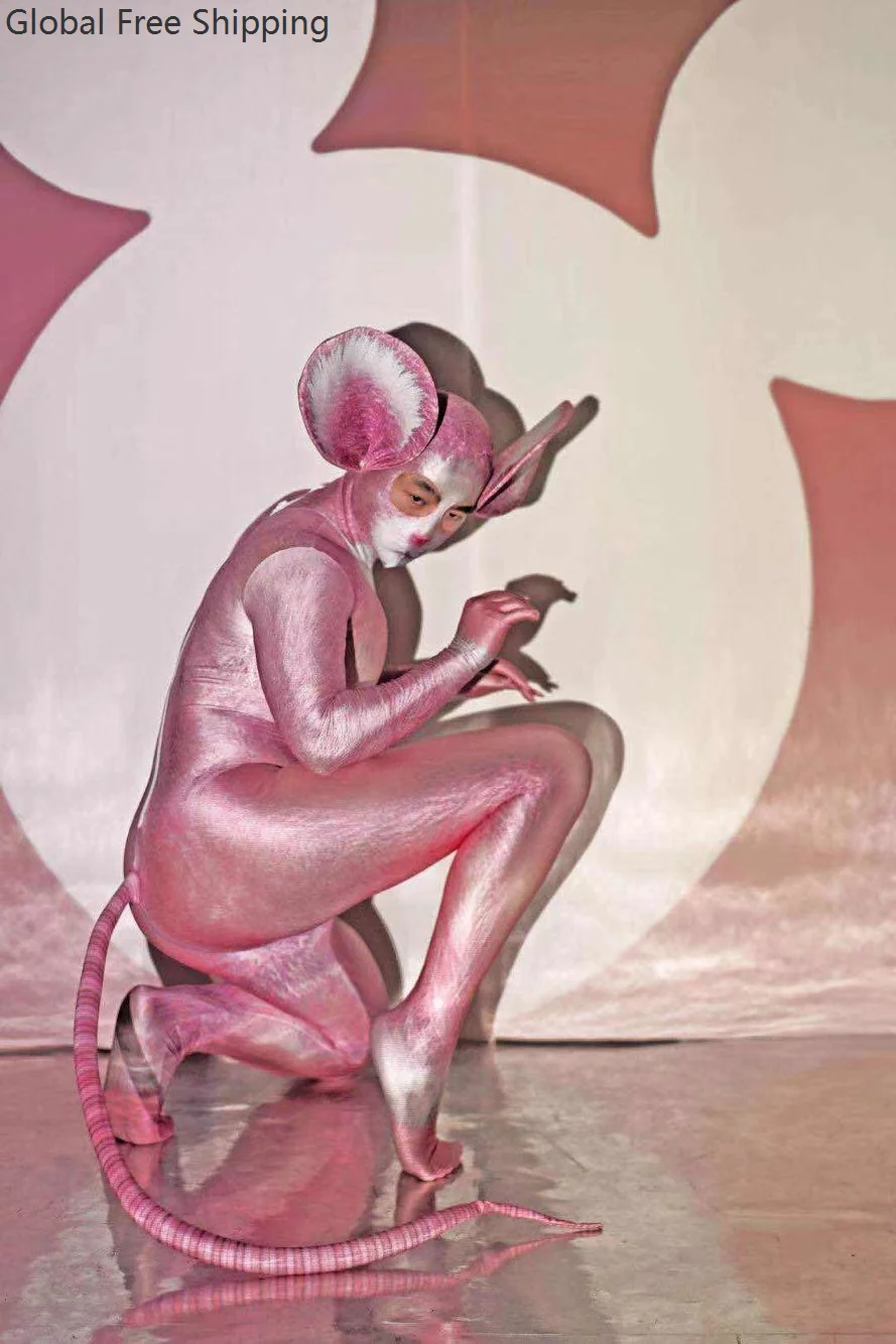 Personalized Mouse Role Playing Costume Printed Stretch Halloween Bodysuit Nightclub Cosplay Pink Ears Long Tail Tights Stage