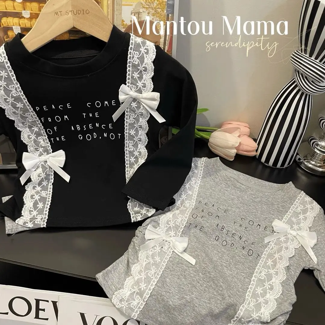 2026 Mädchen Herbst Neues Langarm-T-Shirt mit Schleife und Spitze im koreanischen Stil, Kinder Frühlings-Unterhemd 90-140 – Detail 6