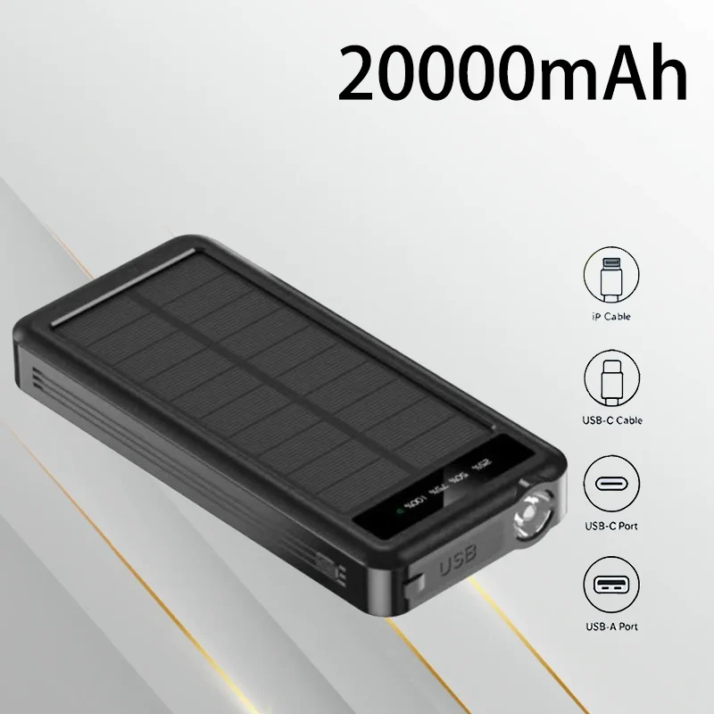 

Solar Power Bank 20000mAh 30000mAh Built-in Cable Wireless Charging Portable Waterproof Outdoor External Battery Charger
