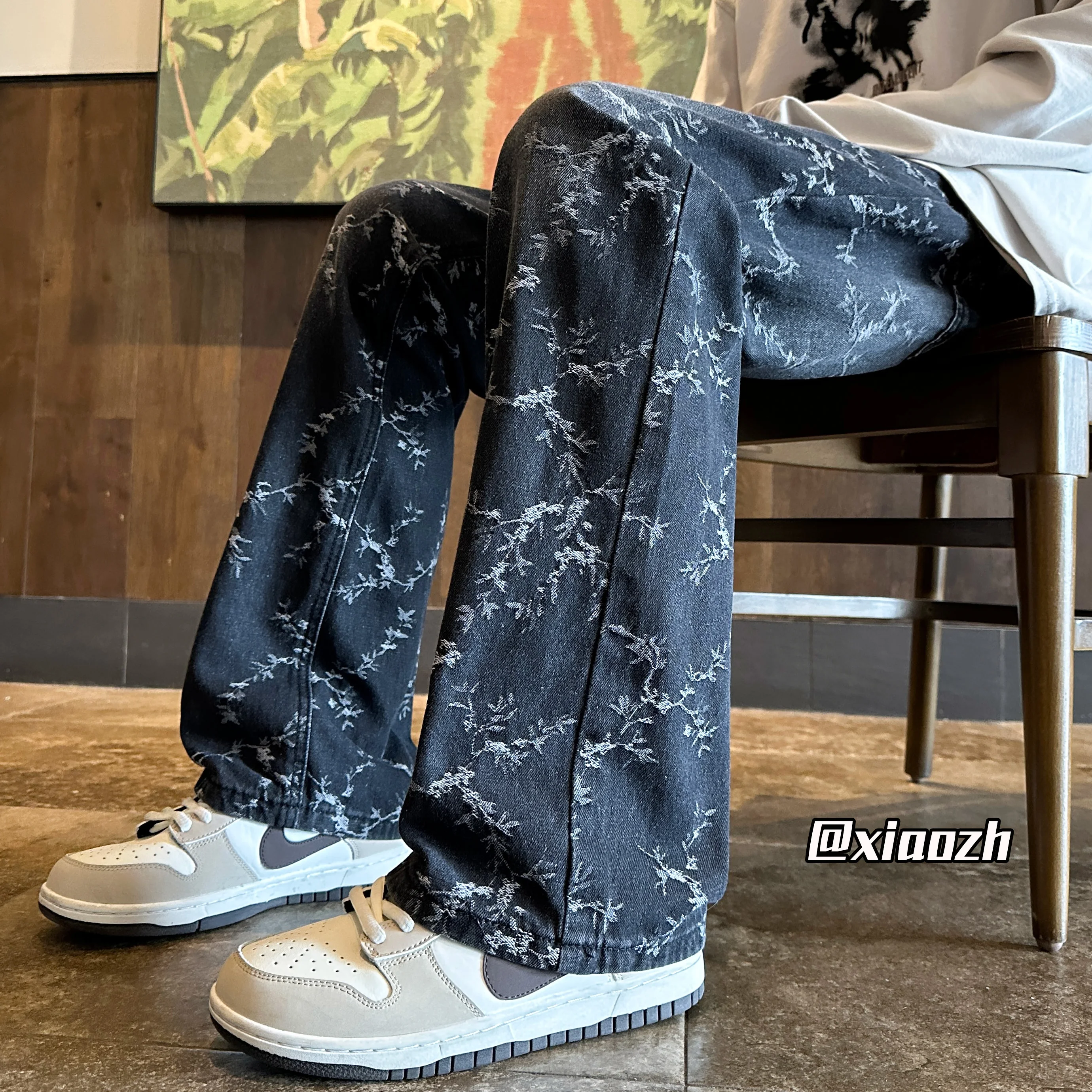 Jacquard Pattern Denim Pants Male Full Print Straight Tube Loose Jeans High Street For Men Wide Leg Casual Pants Yellow mud