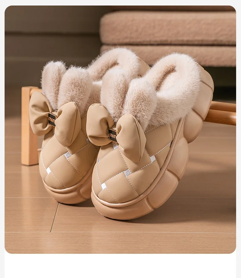 Winterliche, dicke Hausschuhe mit Plateausohle für Damen und Herren, 4 cm, weiche Sohle, flauschig, mit Schleife, warme Baumwollschuhe, rutschfest, für den Innenbereich, Freizeit- und Hausschuhe. – Detail 2