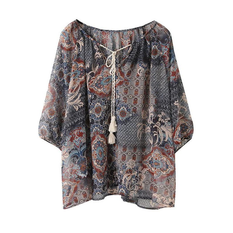 Women Vintage Print Ethnic Style Lace Up Chic Blouse Summer Trendy V-Neck 3/4 Sleeve Loose Shirts Casual Tops Female Blusas Ropa