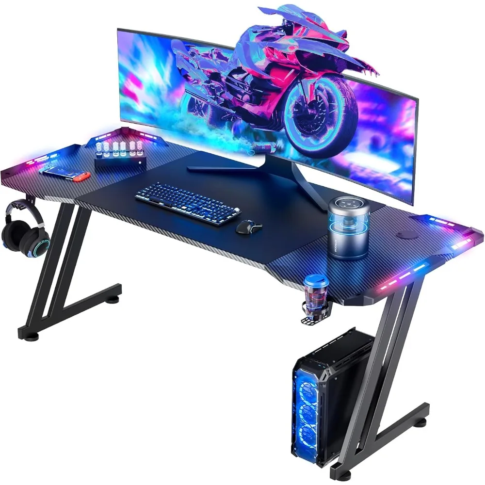 

63 Inch Gaming Desk with LED Lights Carbon Fibre Surface Gaming Table Large Computer Desk Ergonomic Home Office Desks Z Shaped