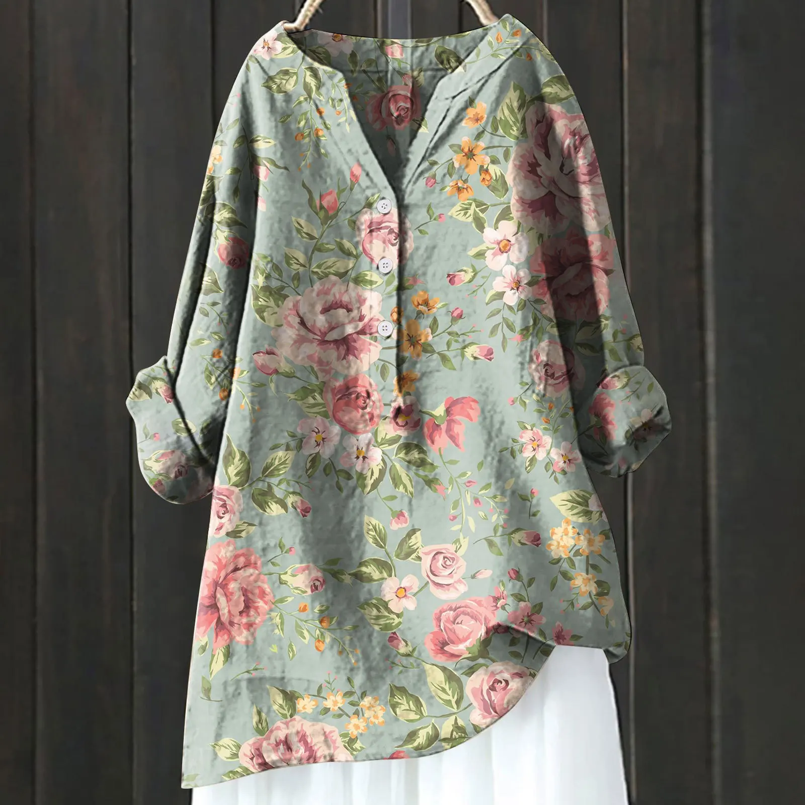 Loose Casual Printed Linen Shirt For Women Elegant Buttons V-neck Long Sleeved Pullover Top 2024 Autumn Fashion Lady New