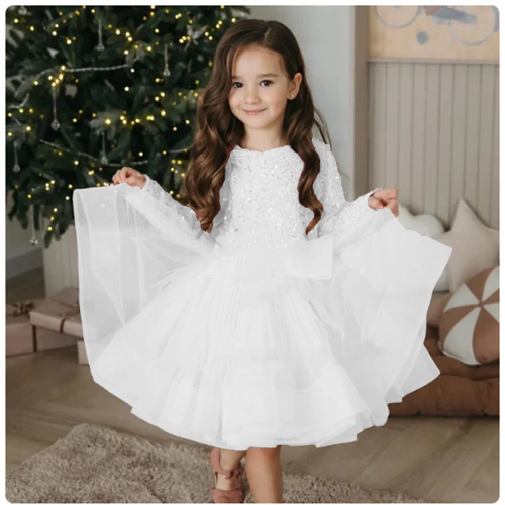 White Birthday Flower Girls Dresses for Kids 2024 Summer Full Sleeve Communion Gowns with Sequined Zipper Back Wedding Prom