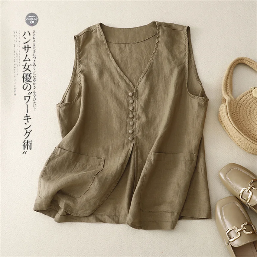 2023 New Big Size Women Cotton and Linen Vest Fashion Lady Solid Vests Slim Female Sleeveless Coat Jackets Short Paragraph 2206