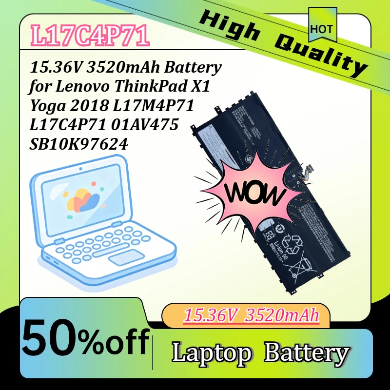 

15.36V 3520mAh Laptop Battery for Lenovo ThinkPad X1 Yoga 2018 L17M4P71 L17C4P71 01AV475 SB10K97624
