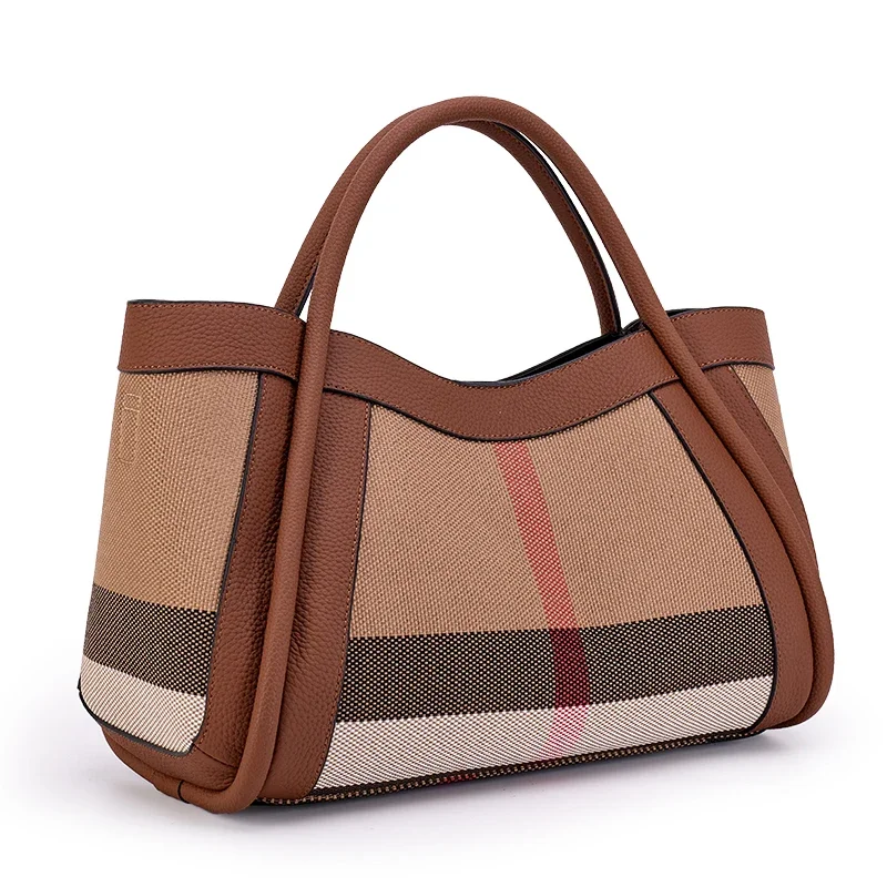 Stripes Tote Handbag Crossbody Shoulder Bag Canvas Genuine Leather Women's Bags Large Retro Checkered Shoulder Messenger Bag