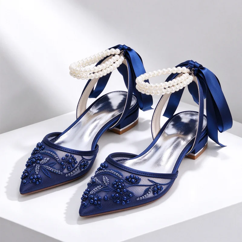 Pearl Detail Ankle Strap Lace Flat Sandals Women Pointed Toe Slingback Heels Embroidery Beaded Bridal Wedding Party Dress Shoes