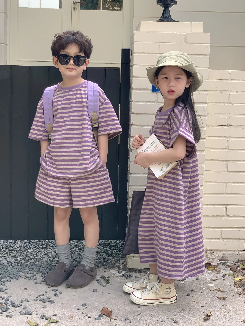2025 Summer New Children Brother Sister Purple Striped Clothes Set Boys T-shirt Shorts Suit Girls Casual Dress Sibling Outfits