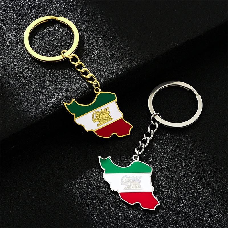 Trendy Iran Map Flag Keychain for Men Women Stainless Steel Pendant Key Chain Gold Color Enamel Iranian Amulet Accessory Gifts