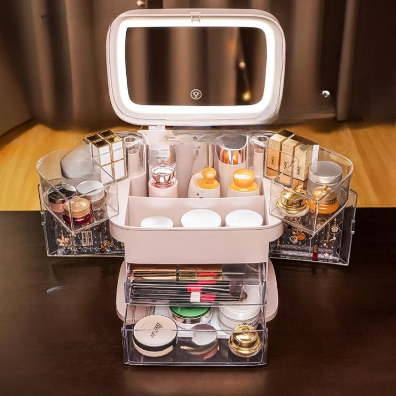 

Большой косметичка с ящиками. Органайзер для косметики для путешествий. Водонепроницаемая шкатулка для драгоценностей. Зеркало. Для хранения туалетного столика. Пылезащитные многослойные отделения.