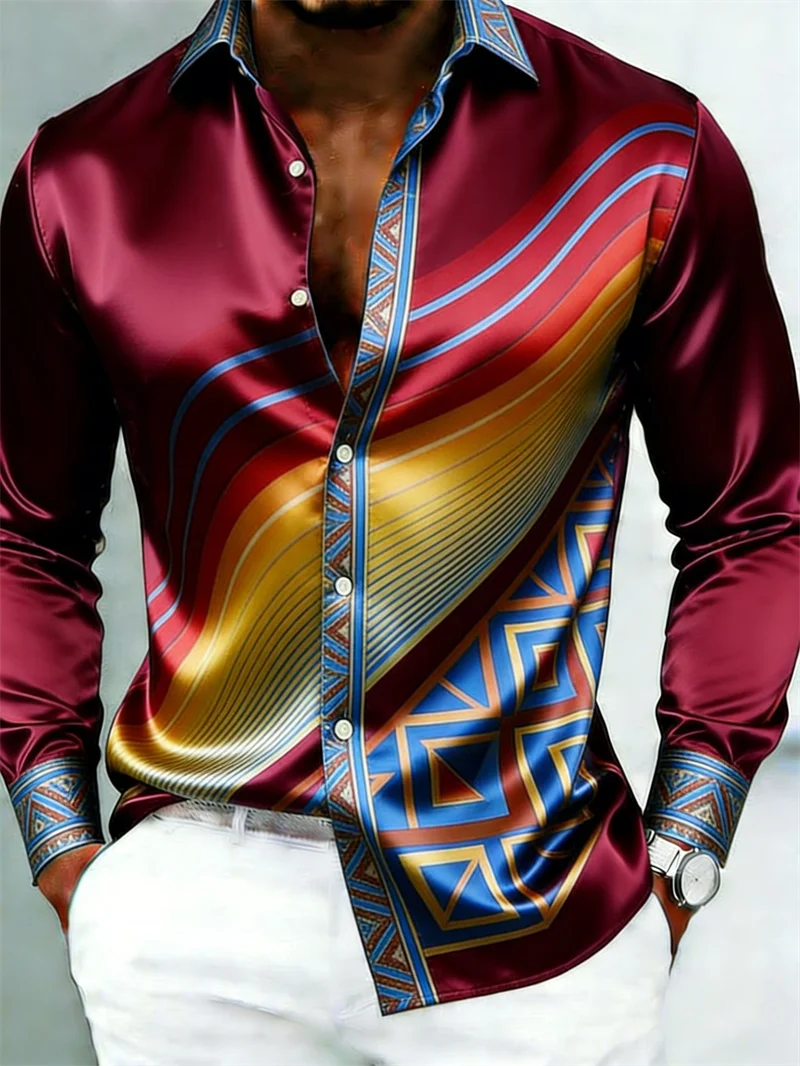 New Beige Gemstone Baroque Printed men's Long Sleeved Shirt  Light Luxury Slim Fit Casual Shirt Clothing