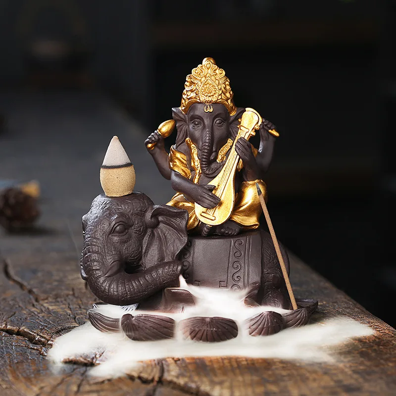 Ganesha Backflow Incense Elephant God Emblem Auspicious and Success Ceramic Holder Aroma Censer Home Decor Crafts