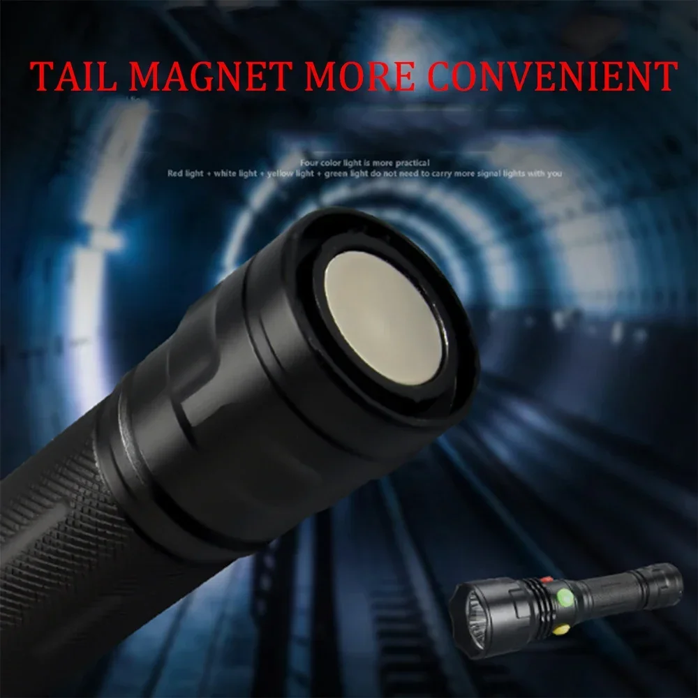 Multifunctional LED Flashlight Yellow/Green/White/Red Light Flashlights Super Bright Torch with Tail Magnet Patrol Flashlight