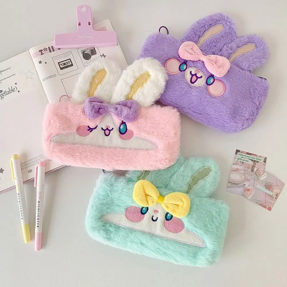 Simple Plush Pen Bag Rabbit Shape Zipper Design Pencil Case Large Capacity Stationery Organizer Gift