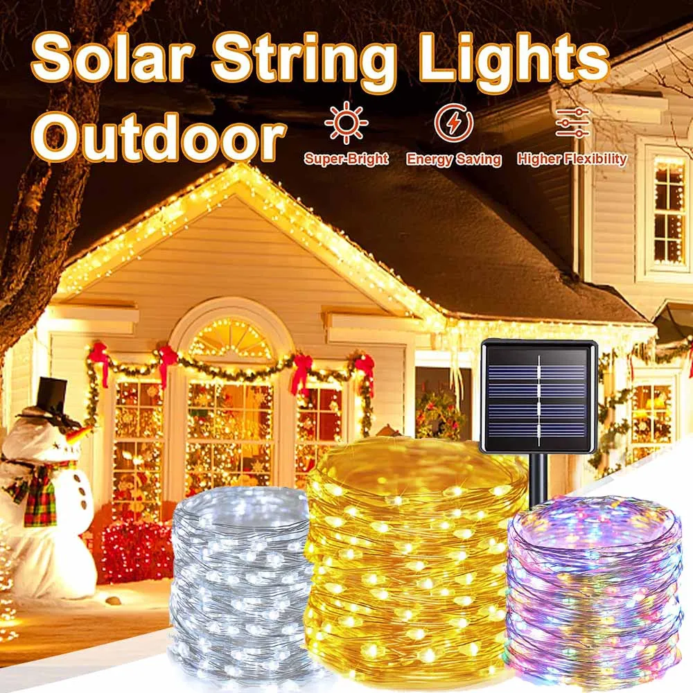 Zonne-Energie Kerstverlichting Buiten Slinger 50/100/200 Led String Tuin Boom Kerstfeest Camping Waterdichte Koperen Draadlamp