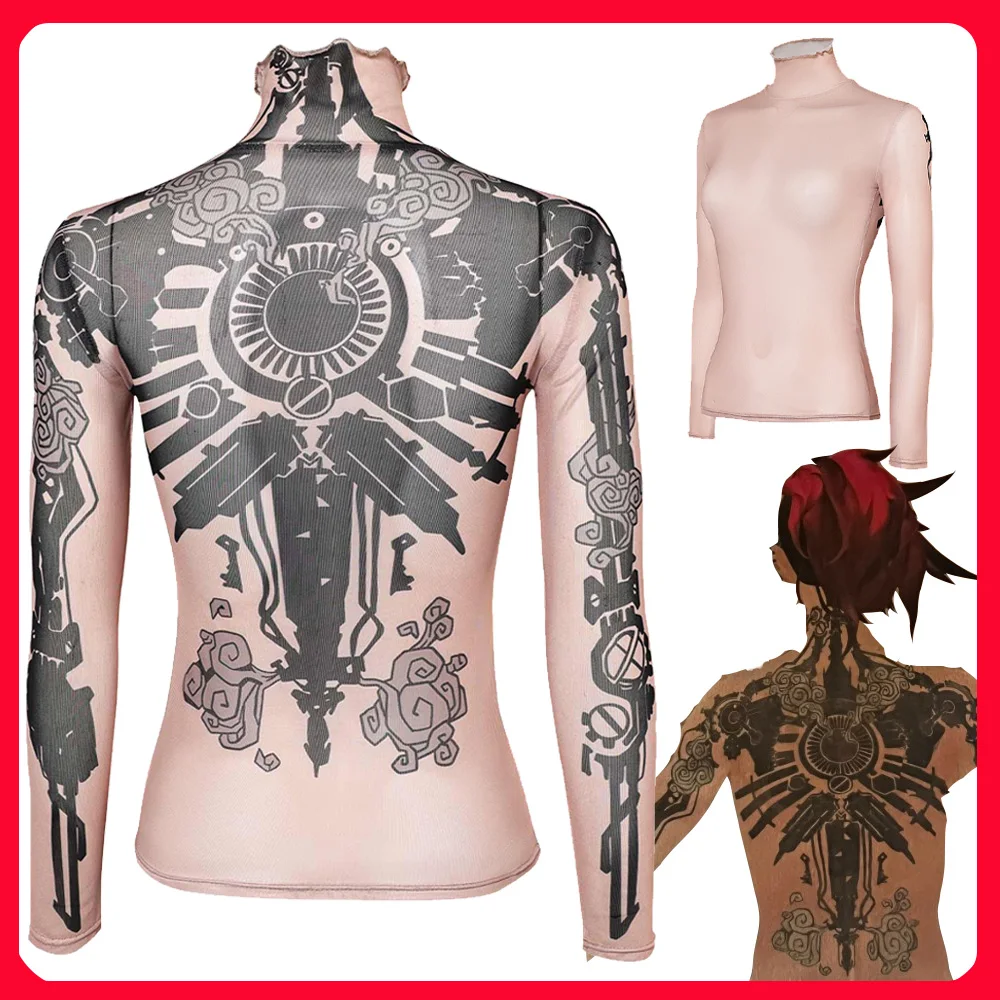 Vi LOL Cosplay Acrane Tight Tattoo Shirt Costume Women Disfraz Fantasia Clothing Outfits Halloween Carnival Party Adult Suit