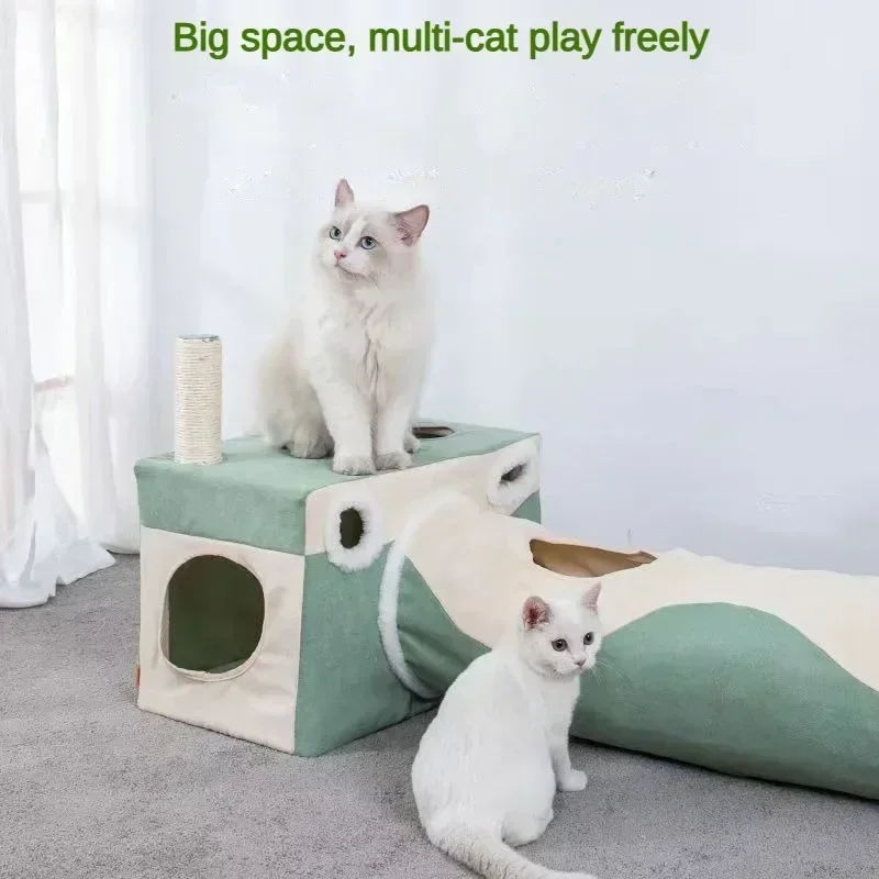 

2in1 Foldable Cat Tunnel Bed, Cat House with Cat Scratching Post, Cat Hideaway Cave, Cubes Playground for Kitty, Cat Play Tunnel