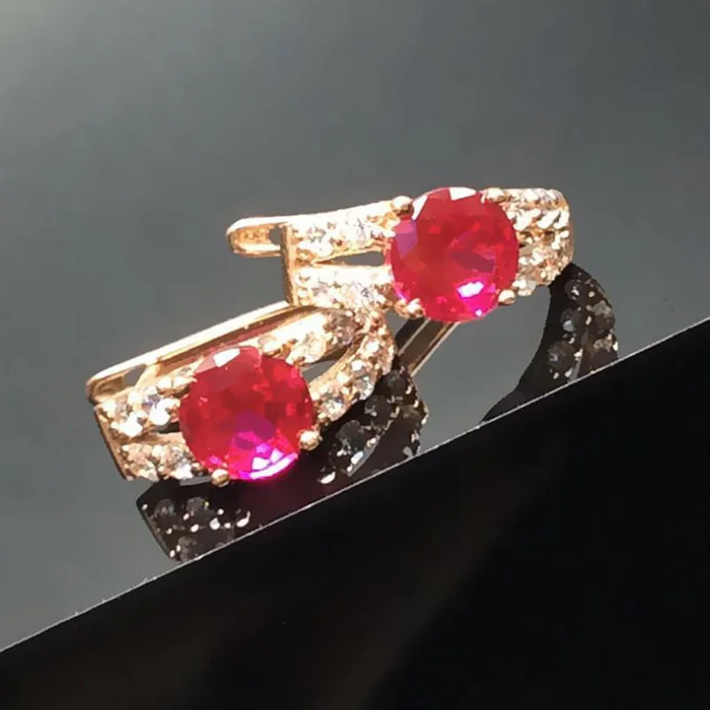 

585 Purple Gold Plated 14K Rose Gold Inlaid Crystal Ruby Earrings For Women Classic Elegant Unique Charm Engagement Jewelry Gift