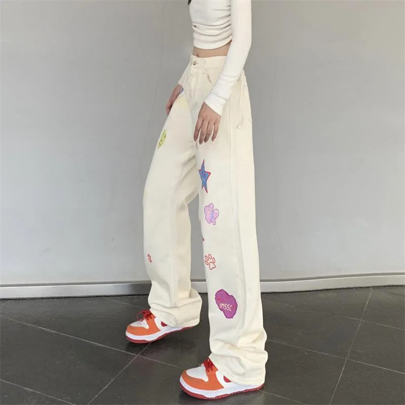 Pantalones vaqueros rosas de dibujos animados para mujer, cintura alta, pierna ancha, pantalones a la moda, versión de primavera y verano, pantalones de mujer