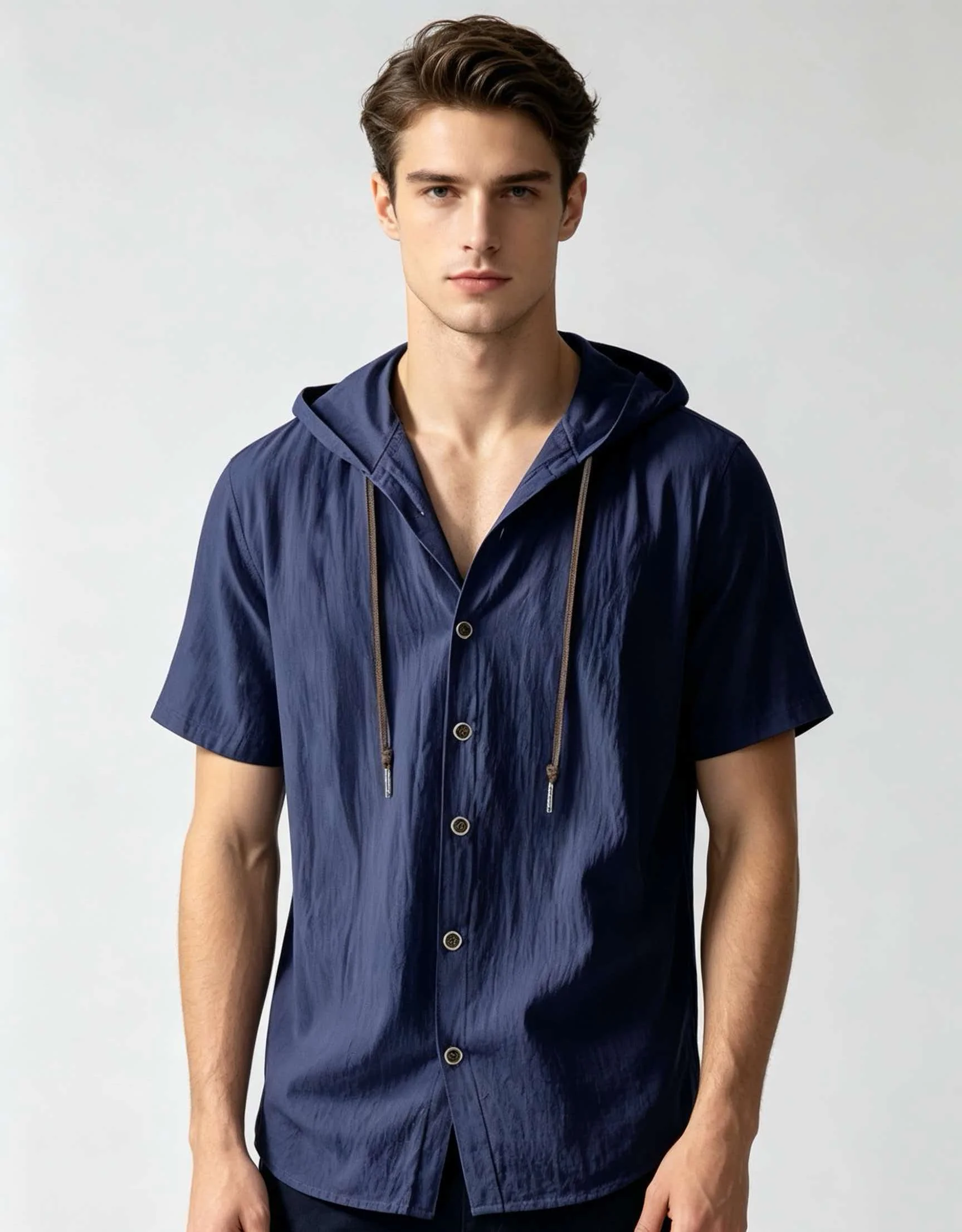 Cotton Linen Shirt for Men Hooded Short Sleeve Solid Color Breathable Lightweight Drawstring Design Shirts Casual Basic Tees