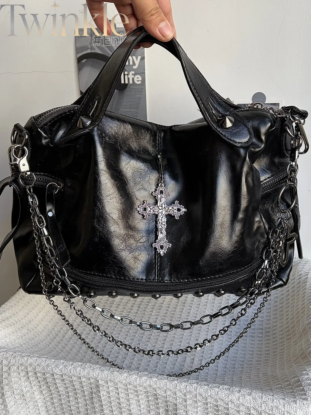 Y2K Goth Punk Studded Crossbody Bag Black Purse Subculture Rock Rivet Handbag Women Aesthetic Streetwear Party Shoulder Bag