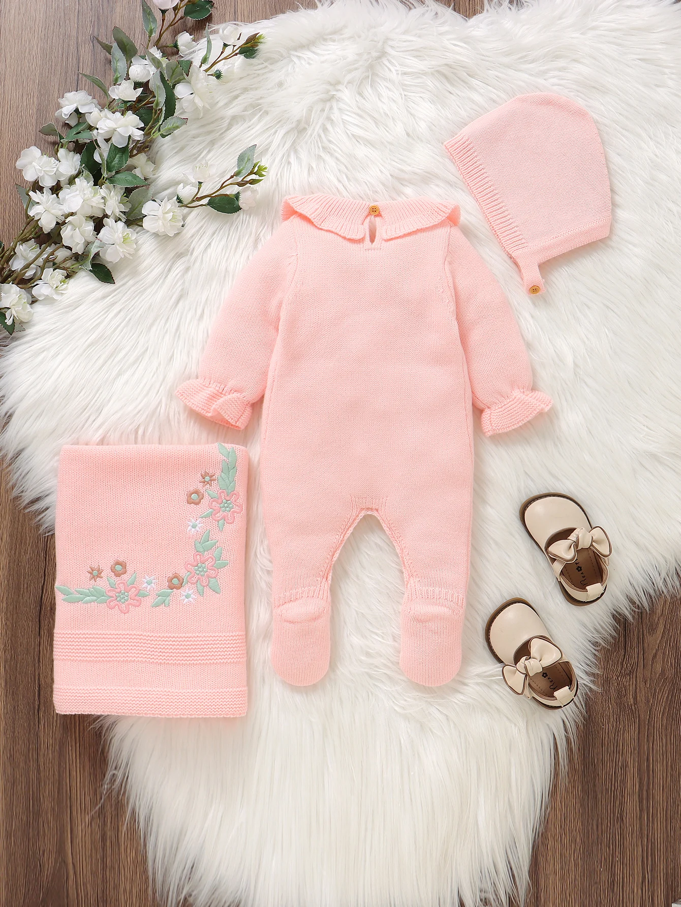 Fashion Floral Embroideried Baby Girls Romper+Blanket+Hat Outfits Set 0-9m Infant Casual Outwear Clothes Children's Knitwear