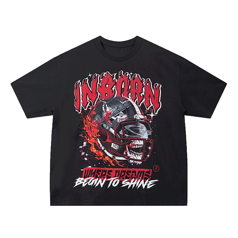 Camiseta Retro americana para hombre, casco de calavera, manga corta, estampado, tendencia urbana para hombre y mujer, Top informal deportivo de Rugby para Fitness