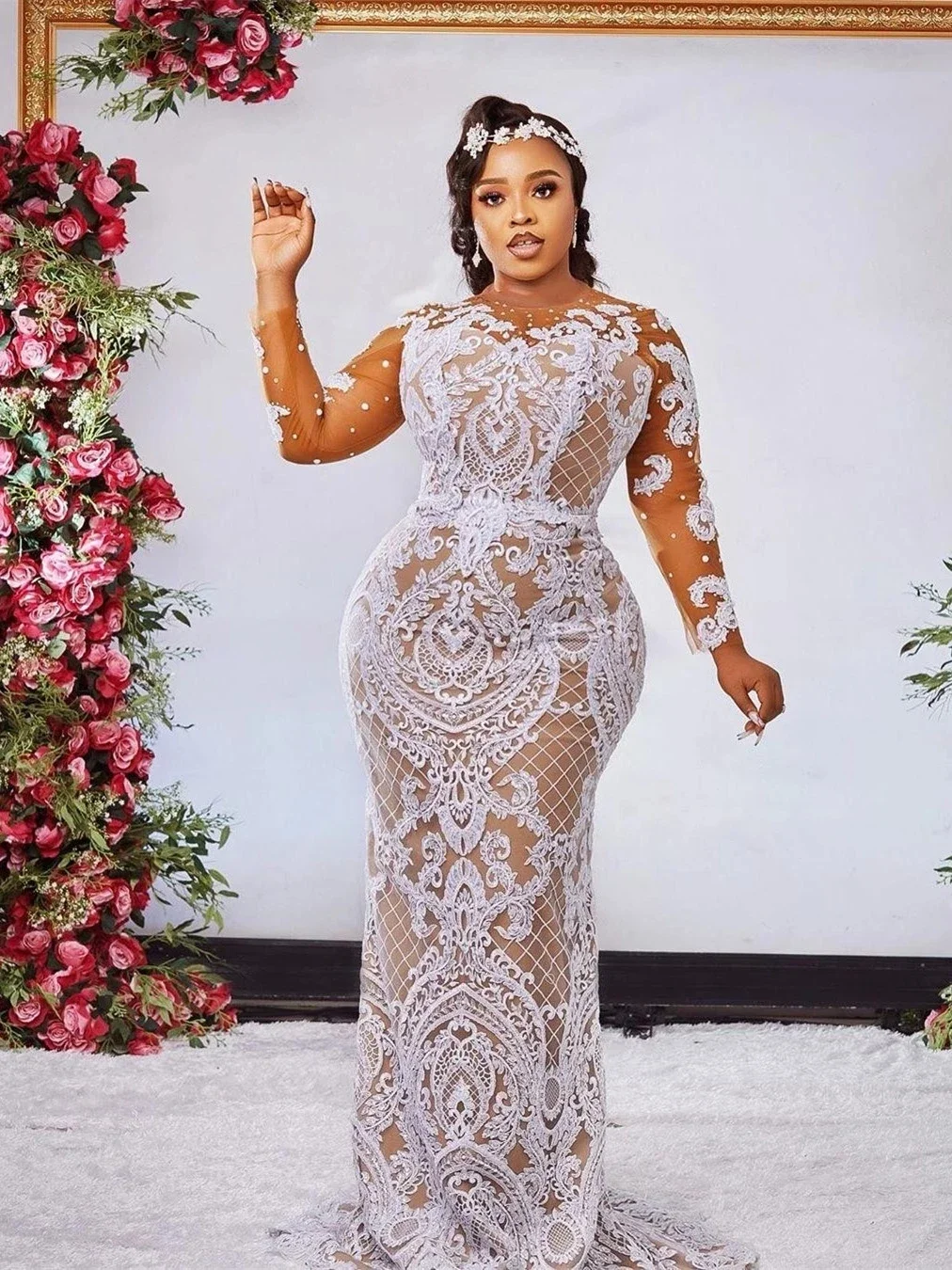 

Customized Plus Size Arabic Lace Mermaid Wedding Sheer Neck Full Sleeves Appliques Bridal Dress Illusion Aso Ebi Vestido De Novi