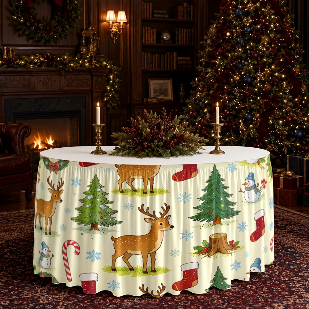 One table skirt, Christmas reindeer, snowman, tree, candy cane, red stocking pattern, polyester, festival