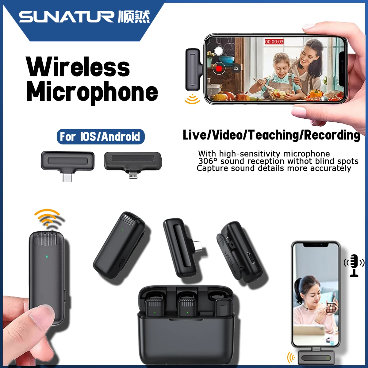 SUNATUR Transmitter Professional Wireless Lavalier Microphone for Streaming PC Gaming & iPhone - Bluetooth & Cellular Compatible