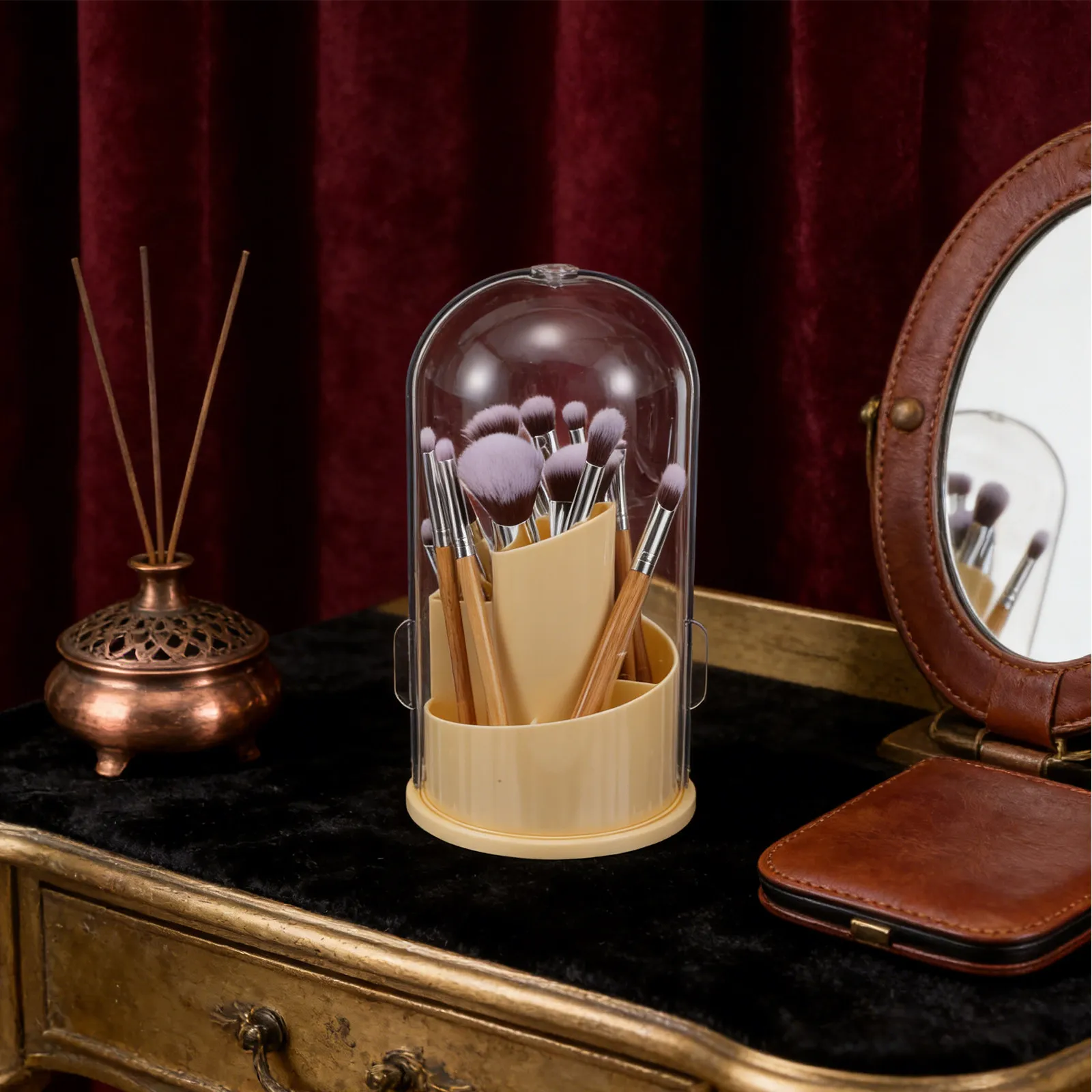 Yellow Rotating Makeup Brush Storage Organizer Dust Proof Covered Makeup Brush Holder Tool Storage Box Bathroom Vanity