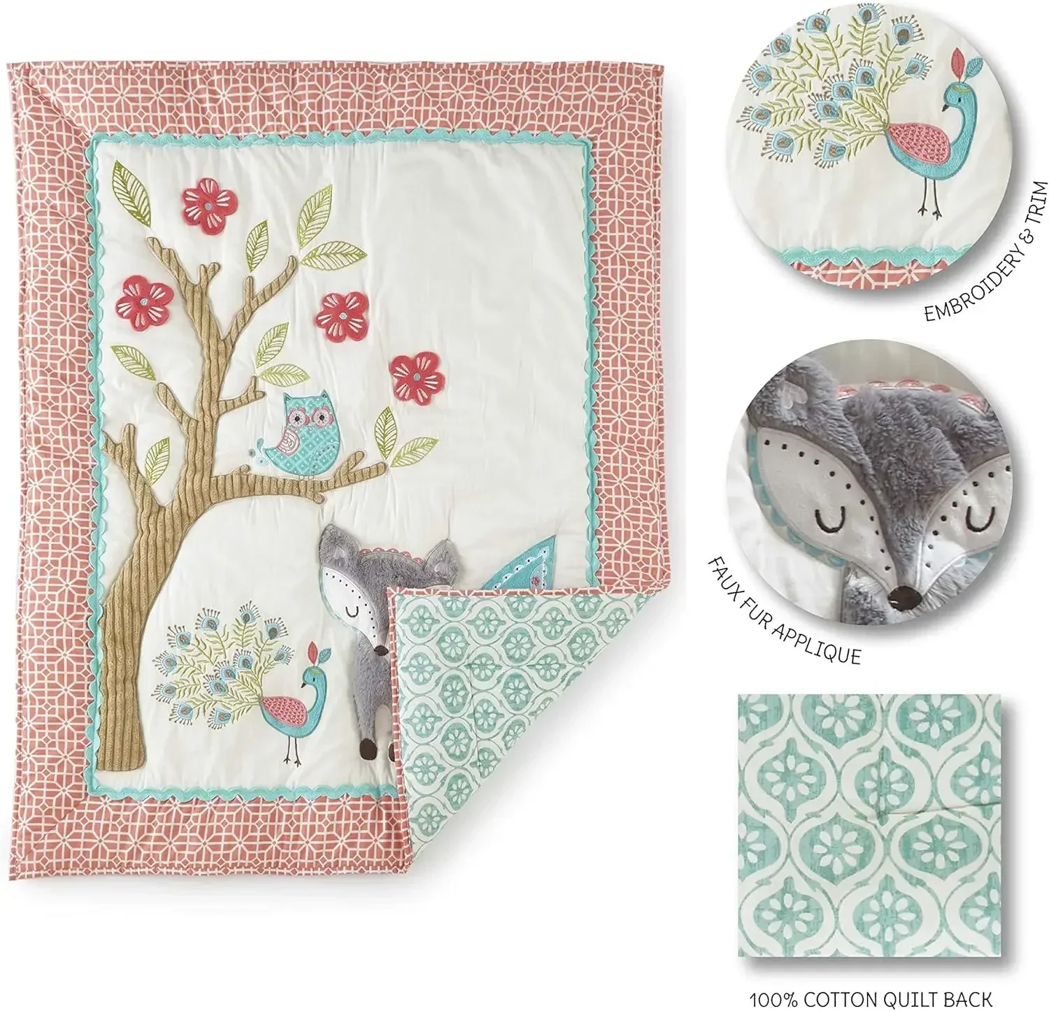 Levtex Baby - Fiona Crib Bed Set Baby Nursery Set Pink, Teal, and White Woodland Forest Theme 5 Piece Set Includes Quilt