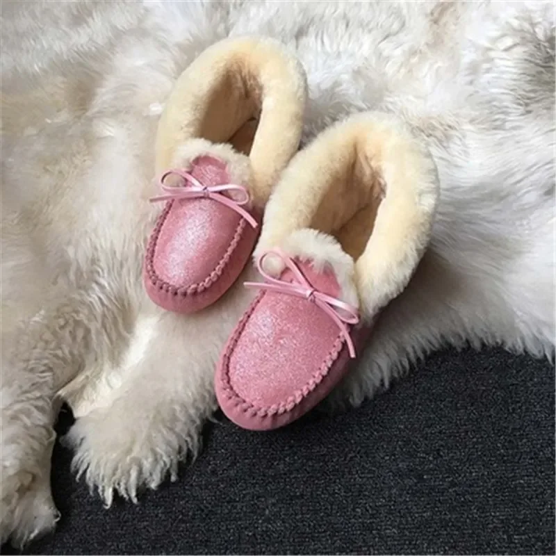 Top Moccasins Loafers Soft Genuine Leather Shoes Women 100% Natural Fur Shoes Leisure Flats Female Casual Footwear Snow Boots