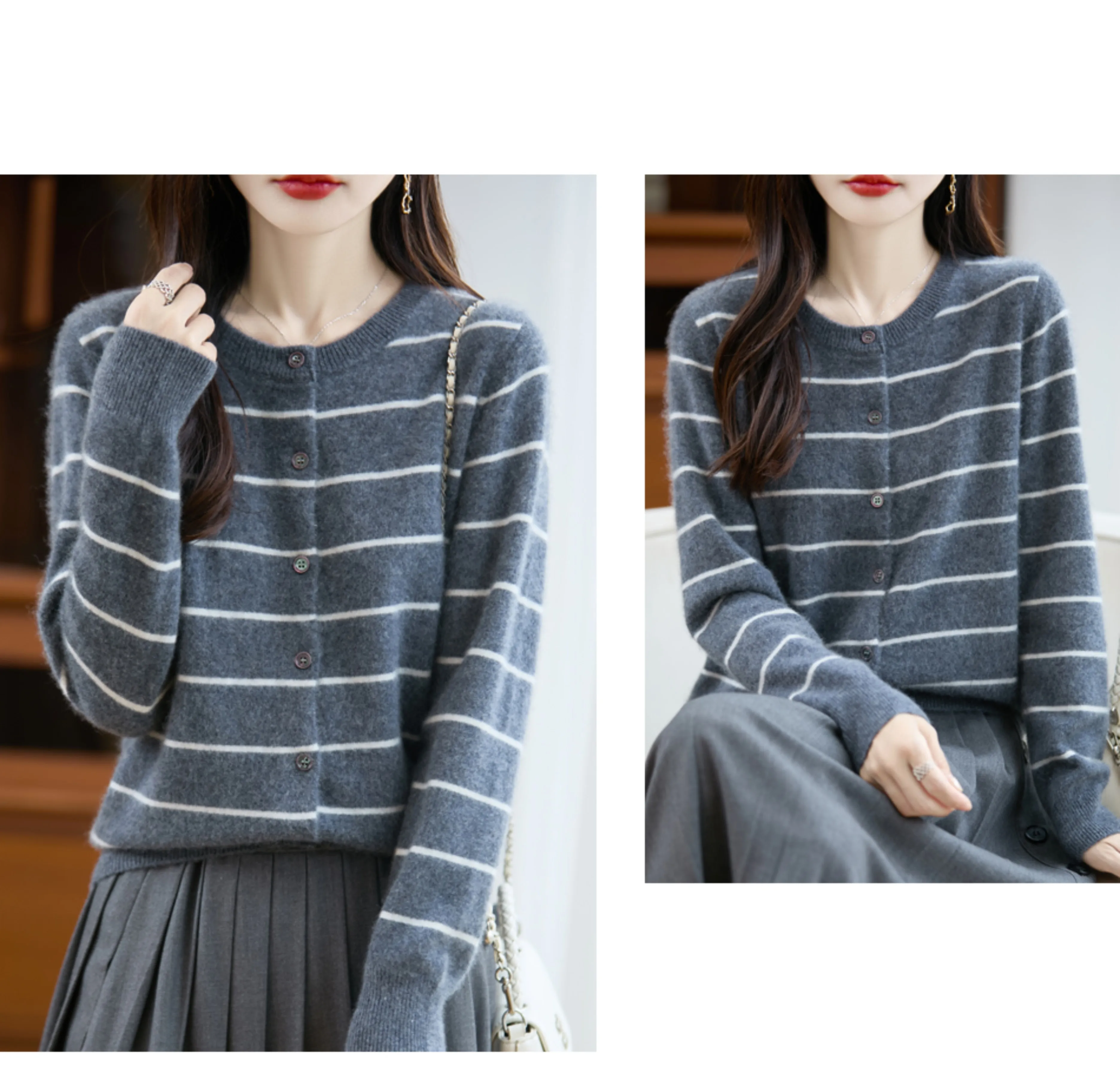 

100% Wool Cardigan Sweater Women O-neck Fine Striped Loose Fit Outwear basic Coat Autumn Winter Clashing Color Buttoned Jackets
