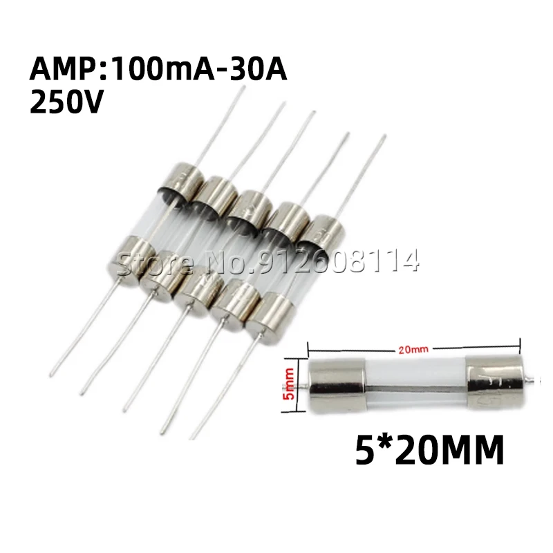 20PCS 5*20MM glass fuse 250V 0.5A 1A 1.5A 2A 3A 3.15A 4A 5A 6.3A 8A 10A 15A 25A lead glass fuse tube