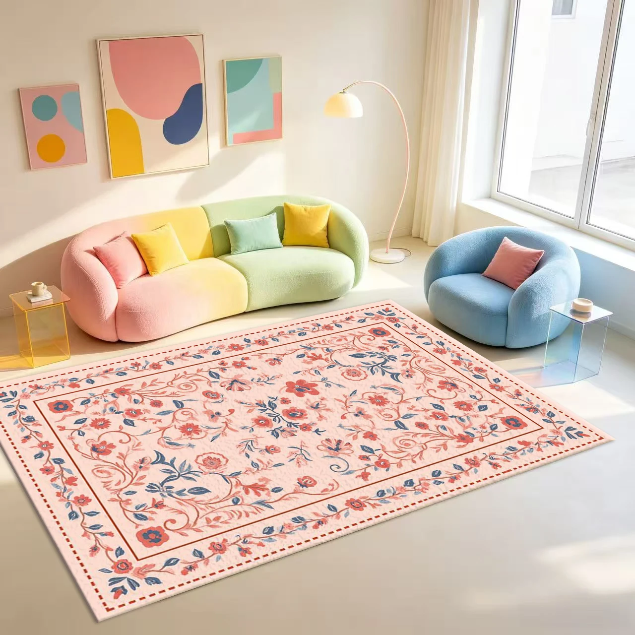 Pink Background Vintage Floral Vine Carpet Floor Decoration Bohemian Style Gorgeous Border Home Interior Carpet