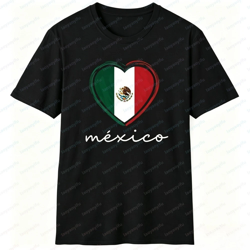 Unisex Summer Short Sleeve Fashion T-Shirt Mexico Flag Heart Print Casual Mexican Pride Fiesta Stylish Streetwear Party Tee view 2