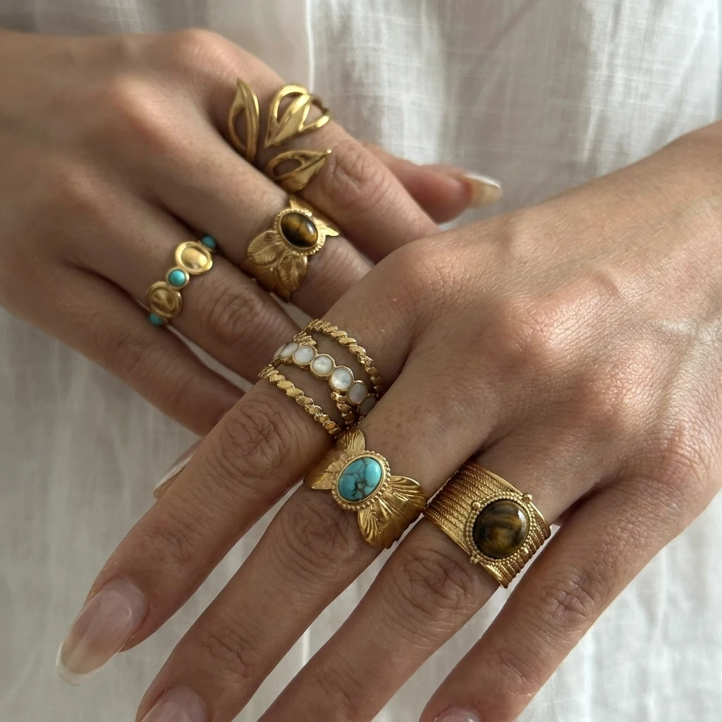 French Vintage Gold Hollow Leaf Ring for Women Waterproof Stainless Steel Sculptural Botanical Aesthetic Statement Jewelry