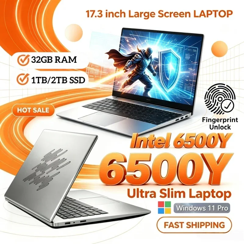 Intel 6500Y Slim 17.3 Inch Large Screen Laptop Windows11 Portable for Study Office 16/32GB RAM 1/2TB BIG SSD