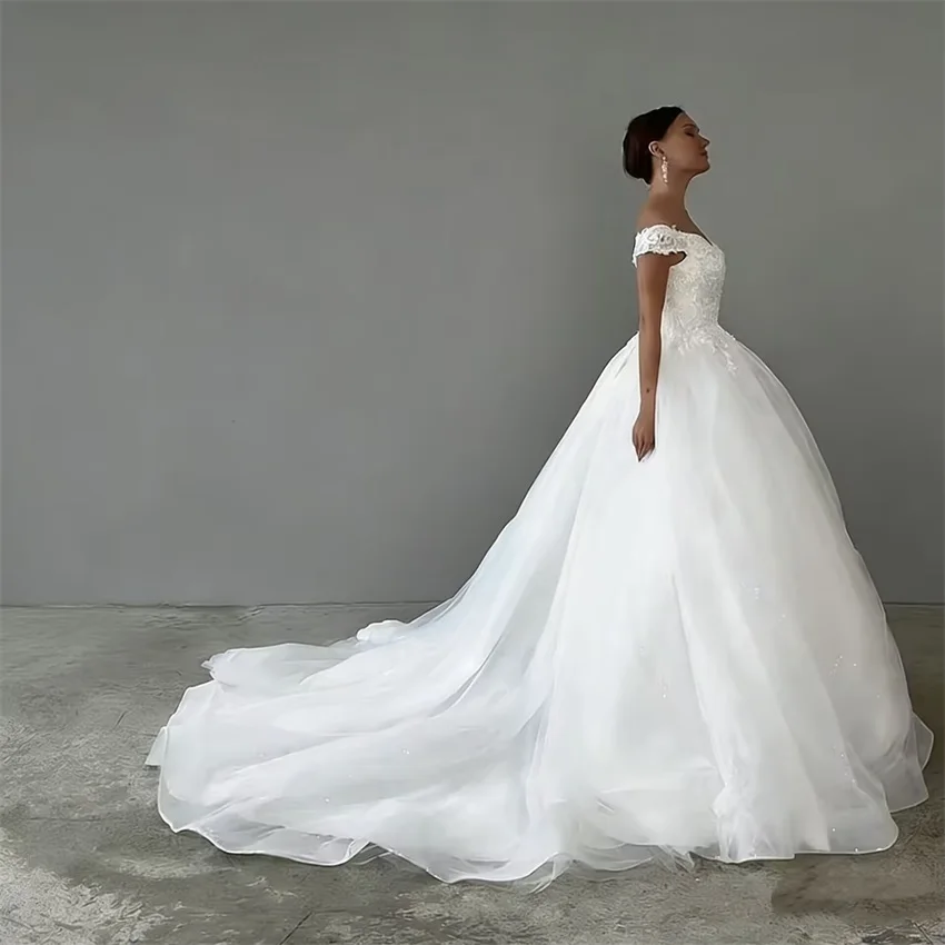 Customized White Princess Off The Shoulder Lace Appliques Wedding Dresses Sweep Train Bridal Gowns A-Line Tulle Bride Dress image 4