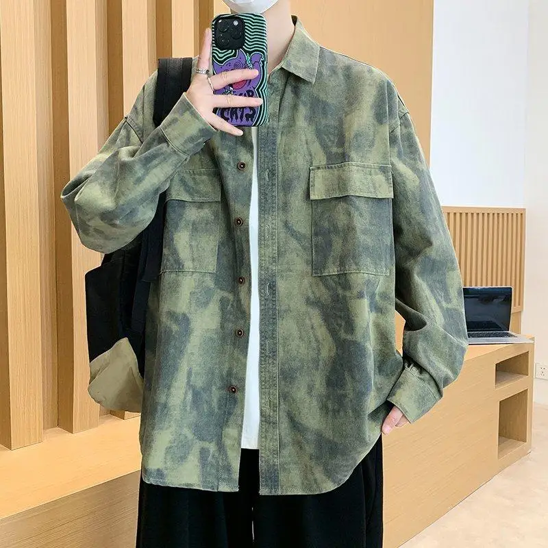 

Spring Faion Casual Loose Long Sve Men's irt Camouflage Turn-down Collar Classic Fit Outerwear Cotton Youth Sle