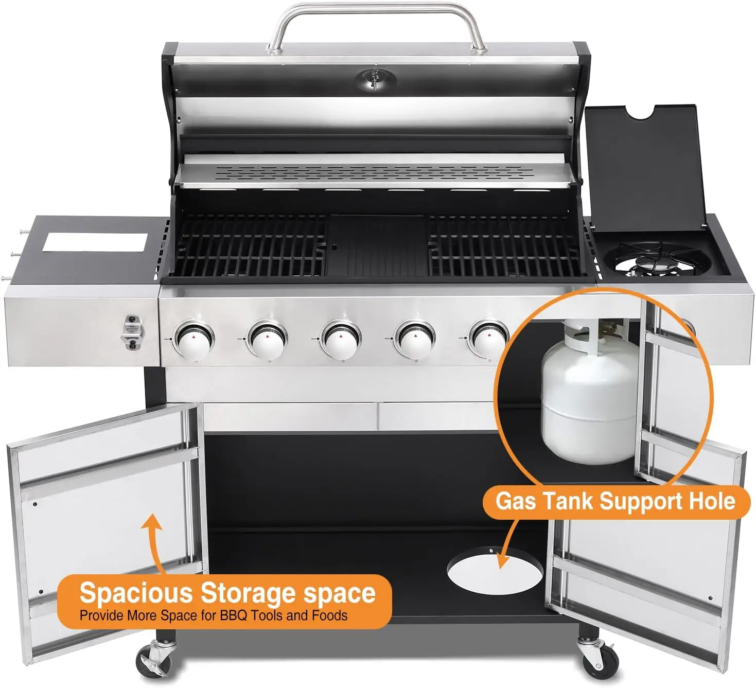 

Gas Grilling Station 6 Burner Professional 620 SQ IN Propane BBQ with Side Burner Cast Iron Grates Outdoor Kitchen Party Pro