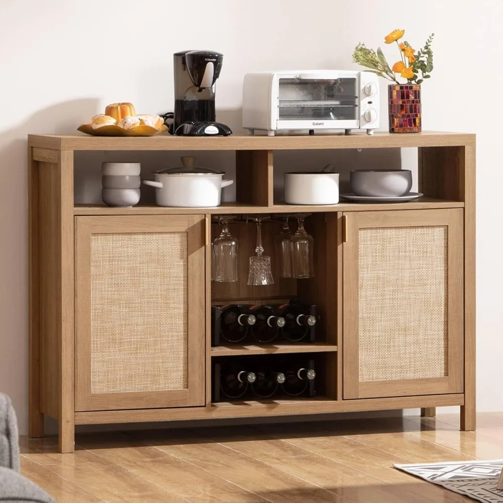 Kaffee bar Schrank, 51 "Rattan Side board Buffet Schrank mit Lagerung, Boho Bauernhaus Schnaps schrank mit Wein regalen