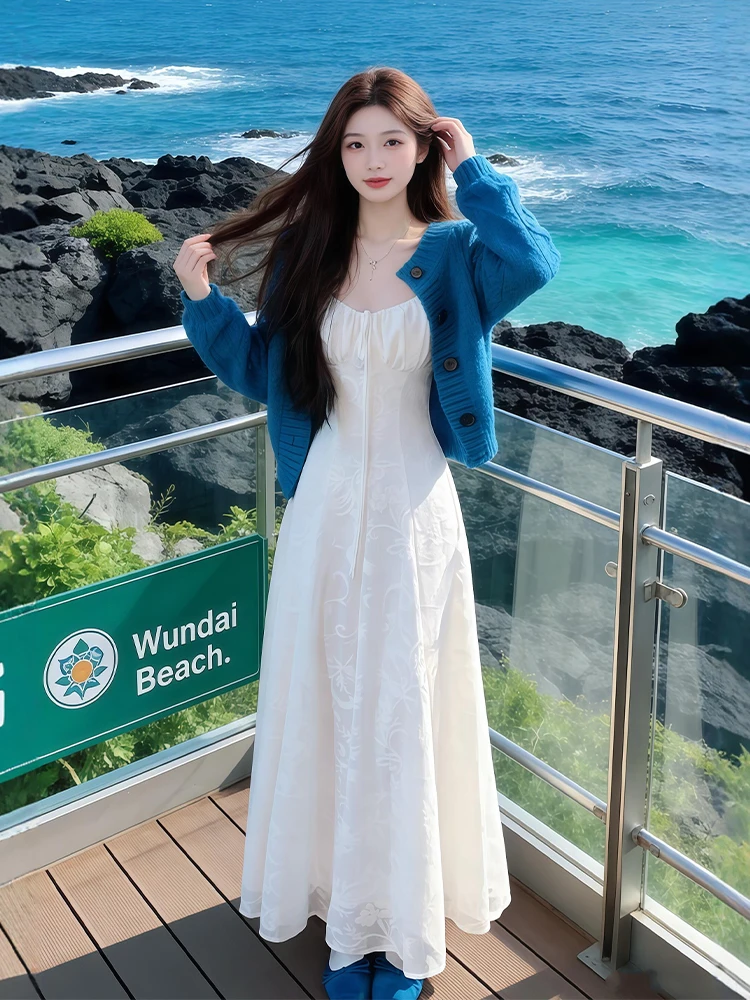 

Spring New Arrival Women's Knitted Open Cardigan And White Strap Dress Set Gentle Style Blue Knitwear Casual Fashion Outfit